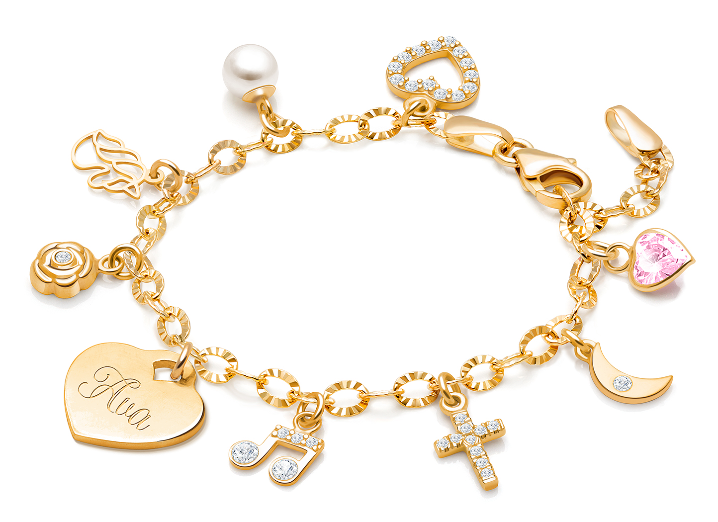 Enlarged to Show Detail<br />Example Shown with <u>Included</u> Engraved Heart Charm, All Other Charms are <u>Optional</u>