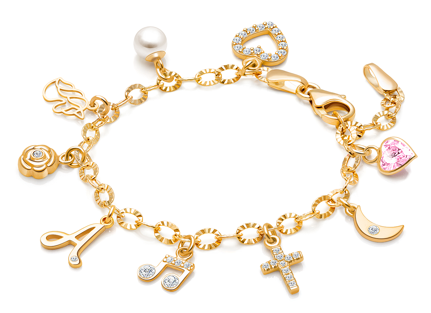 Enlarged to Show Detail<br />Example Shown with <u>Included</u> Diamond Initial Charm, All Other Charms are <u>Optional</u>
