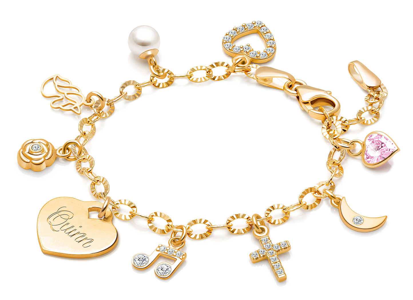 Enlarged to Show Detail<br />Shown with <u>Included</u> Engraved Heart and <u>Upgraded</u> Religious Charm (All Other Charms are <u>Optional</u>)