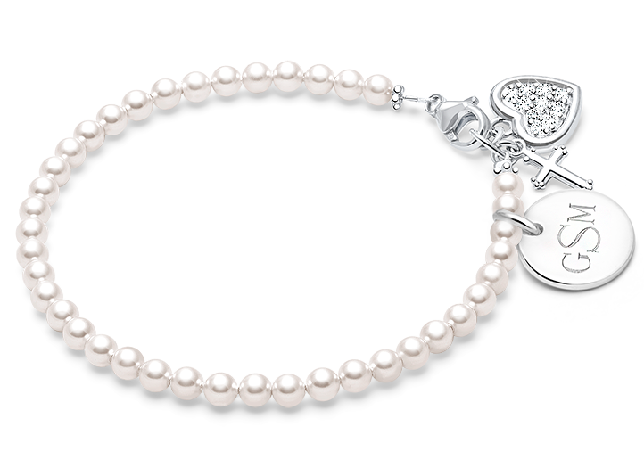 Enlarged to Show Detail<br />Shown with <u>Optional</u> Cross, Heart, and Engraved Round Charms