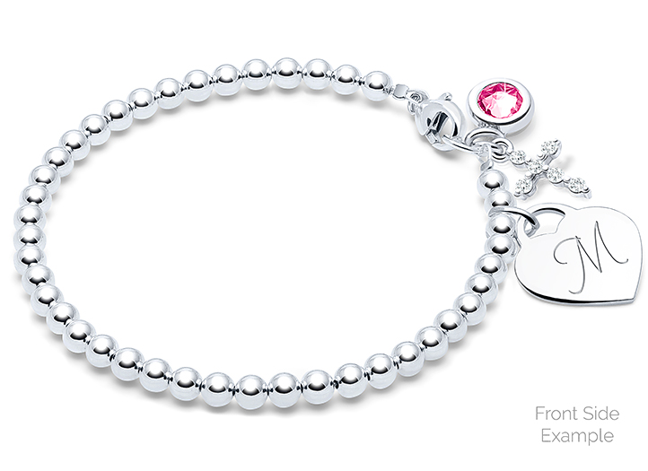 Enlarged to Show Detail<br />Shown with <u>Optional</u> Cross, Birthstone, and Engraved Heart Charms