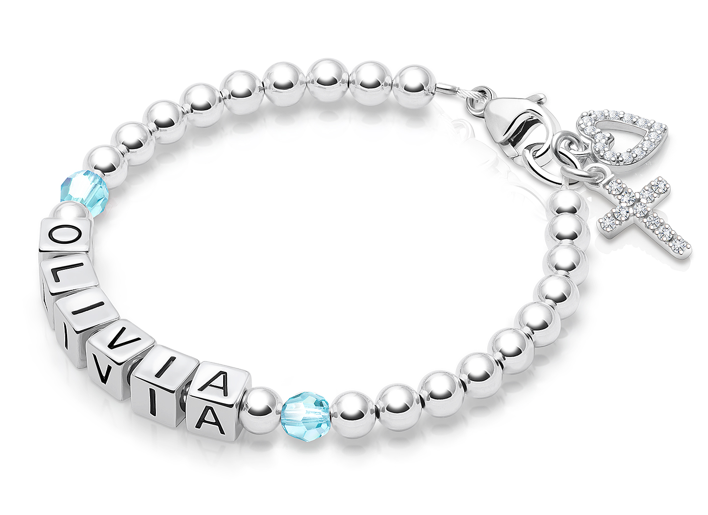 March Birthstone Shown<br/>Shown with <u>Upgraded</u> Cross - Heart Charm <u>NOT</u> Included<br />( add the charms your child would love )