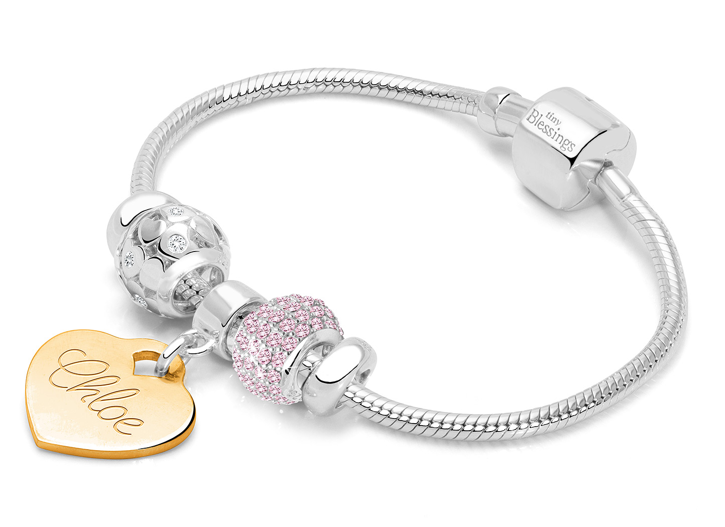 Enlarged to Show Detail<br  />Shown with <u>Upgraded</u> 14K Gold Engraved Heart and Pavé Round Charm