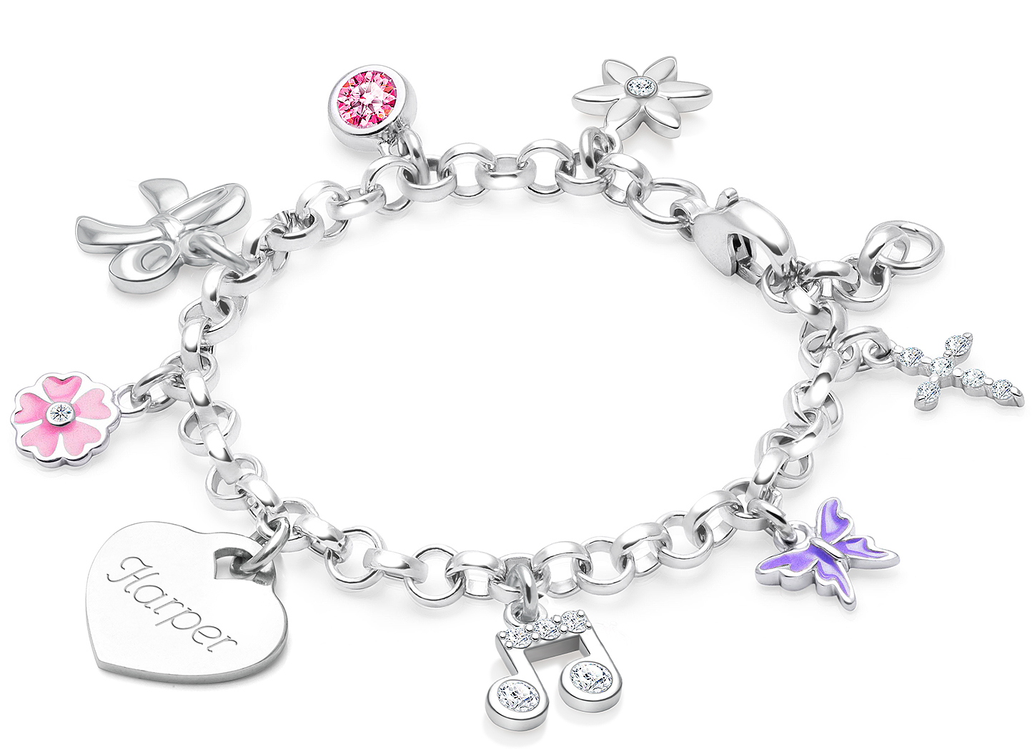Enlarged to Show Detail<br />Example Shown with <u>Included</u> Engraved Heart Charm, All Other Charms are <u>Optional</u>