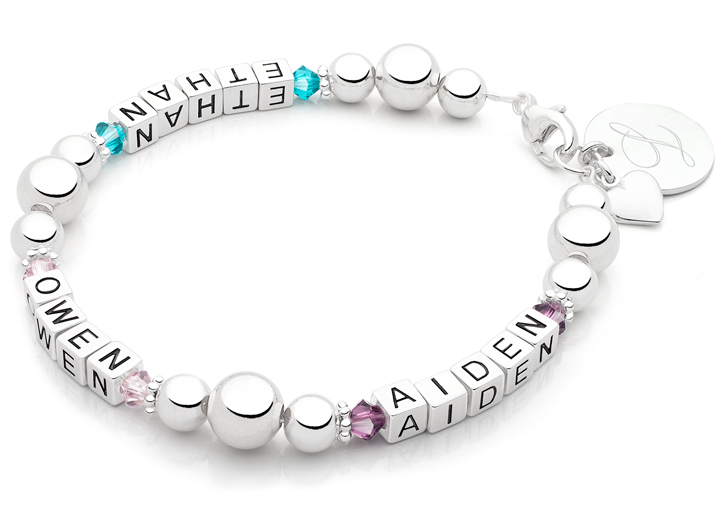 Three Names Shown<br />Enlarged to Show Detail<br />Shown with <u>Optional</u> Heart & Engraved Round Charms