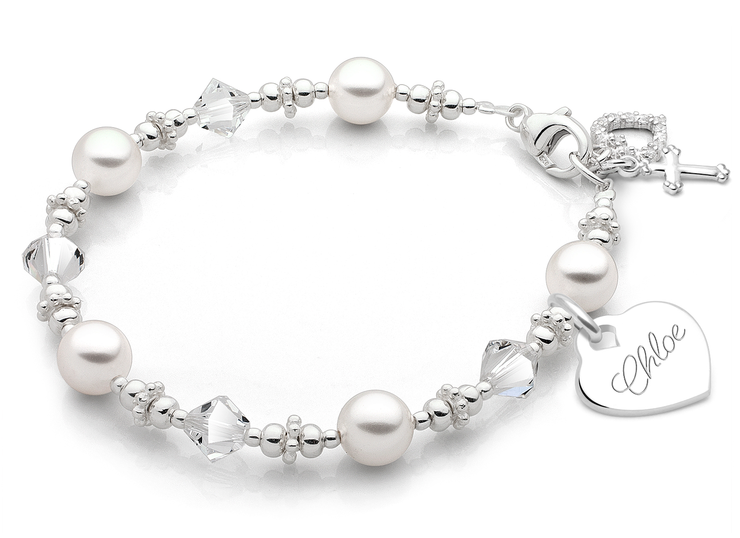Enlarged to Show Detail<br />Shown with <u>Optional</u> Engravable Heart, Cross and CZ Heart Charms