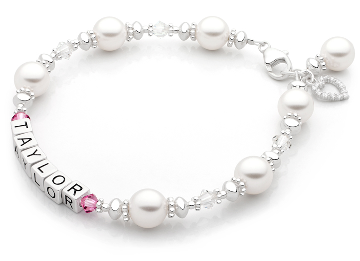 Single Name Shown<br />Enlarged to Show Detail<br />Shown with <u>Optional</u> Heart & Pearl Charms