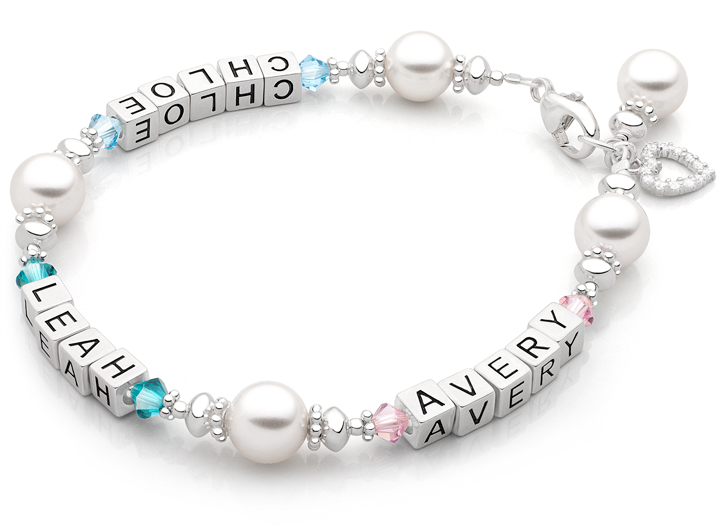 Three Names Shown<br />Enlarged to Show Detail<br />Shown with <u>Optional</u> Heart & Pearl Charms