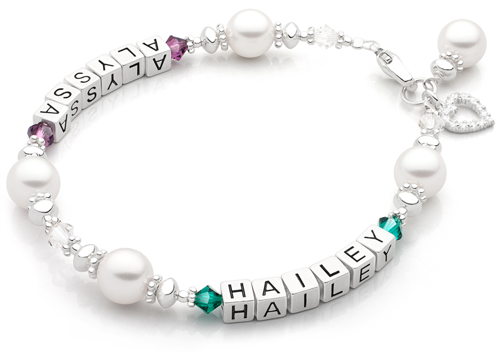 Two Names Shown<br />Enlarged to Show Detail<br />Shown with <u>Optional</u> Heart & Pearl Charms