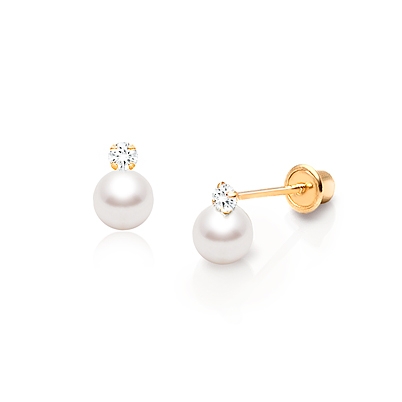4mm Pearl Drop with Tiny CZ Baby/Children&#039;s Earrings, Screw Back - 14K Gold