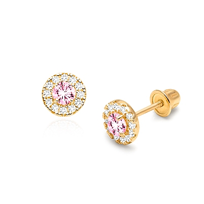 Blissful Halo, Pink/Clear Pavé CZ Baby/Childrens Earrings, Screw Back - 14K Gold
