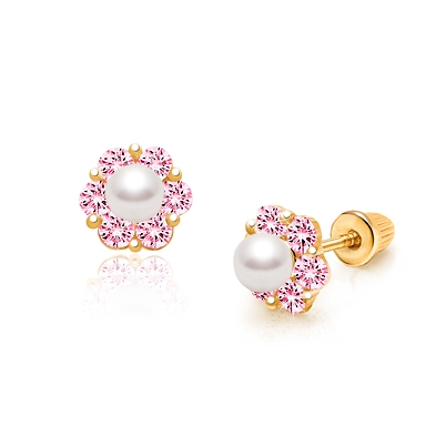 Regal Radiance Pink CZ, Baby/Children&#039;s Earrings, Screw Back - 14k Gold
