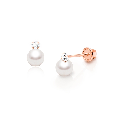4mm Pearl Drop with Tiny CZ Baby/Children&#039;s Earrings, Screw Back - 14K Rose Gold