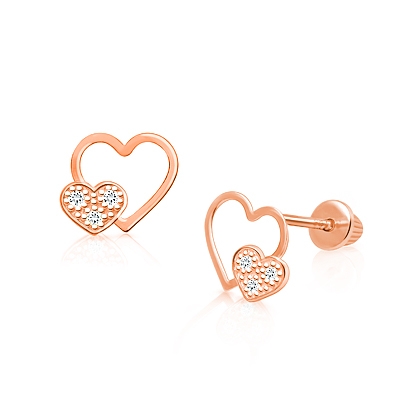 Better Together, Clear CZ Heart, Baby/Children&#039;s Earrings, Screw Back - 14K Rose Gold