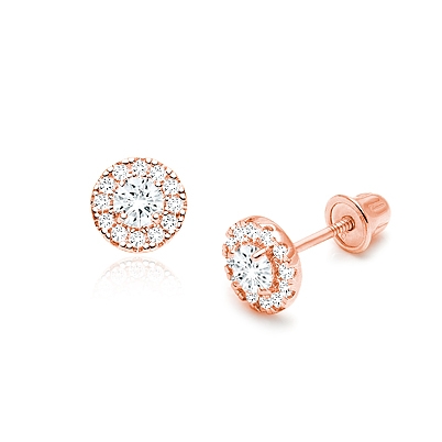 Blissful Halo, Clear Pavé CZ Baby/Childrens Earrings, Screw Back - 14K Rose Gold