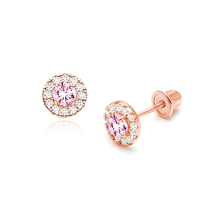 Blissful Halo, Pink/Clear Pavé CZ Baby/Childrens Earrings, Screw Back - 14K Rose Gold