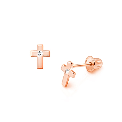 Tiny Cross with Clear CZ Center, Baby/Children&#039;s Earrings, Screw Back - 14K Rose Gold