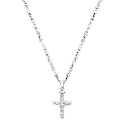 Miraculous Cross, Modern Pavé CZ Children&#039;s Necklace for Boys - 14K White Gold