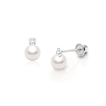 4mm Pearl Drop with Tiny CZ Baby/Children&#039;s Earrings, Screw Back - 14K White Gold