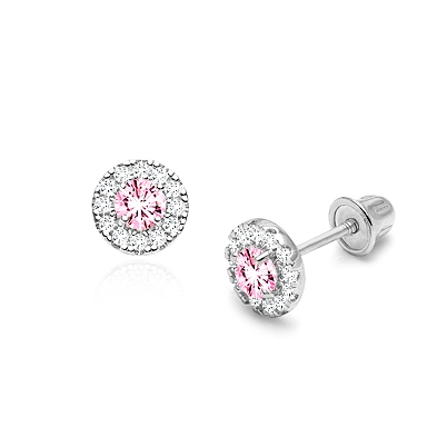 Blissful Halo, Pink/Clear Pavé CZ Baby/Childrens Earrings, Screw Back - 14K White Gold
