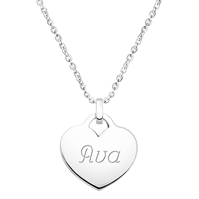 14K White Gold Heart, Engravable Necklace for Children (Includes Chain &amp; FREE 1-Side Engraving) -14K White Gold