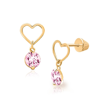 Sparkling Heart, Pink CZ Dangle, Baby/Children&#039;s Earrings, Screw Back - 14K Gold