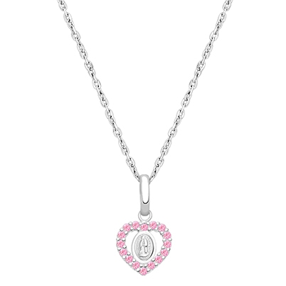 Virgin Mary, Pink CZ Heart Children&#039;s Necklace for Girls - 14K White Gold