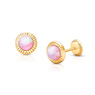 Radiant Opal, Pink Opal Baby/Children&#039;s Earrings, Screw Back - 14K Gold