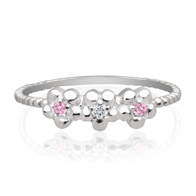 Three Little Posies, Pink and Clear CZ Flower Ring - Sterling Silver 
