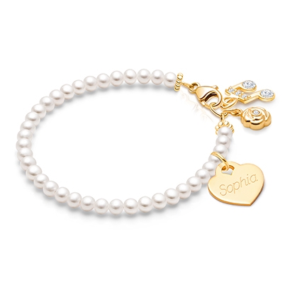 3mm Cultured Pearls, Baby/Children&#039;s Beaded Bracelet for Girls (INCLUDES Engraved Charm) - 14K Gold