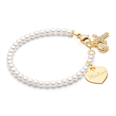 Solid 14K Gold Pearl Bracelet with Engravable Heart for Girls Christening