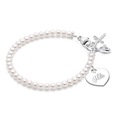 Sterling Silver Pearl Bracelet with Engravable Heart for Girls Baptism