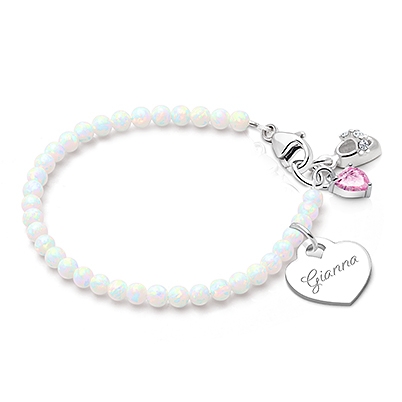 3mm Opals, Lab Created White Opal Baby/Children&#039;s Beaded Bracelet for Girls (INCLUDES Engraved Charm) - Sterling Silver