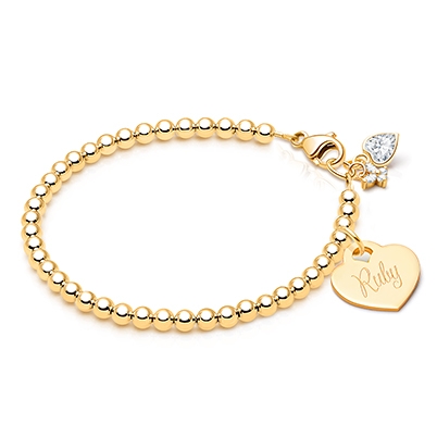 3mm Tiny Blessings Beads, Baby/Children&#039;s Beaded Bracelet for Girls (INCLUDES Engraved Charm) - 14K Gold