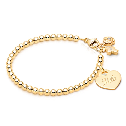 3mm Tiny Blessings Beads, Christening/Baptism Baby/Children&#039;s Beaded Bracelet for Girls (Includes Engravable Charm) - 14K Gold