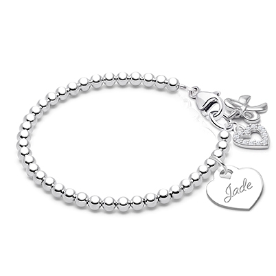 3mm Tiny Blessings Beads, Baby/Children&#039;s Beaded Bracelet for Girls (INCLUDES Engraved Charm) - Sterling Silver
