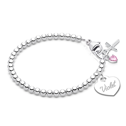 Silver Beaded Bracelet with Personalized Engraving for Girls