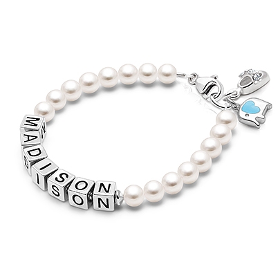4mm Cultured Pearls, Baby/Children&#039;s Name Bracelet for Girls - Sterling Silver