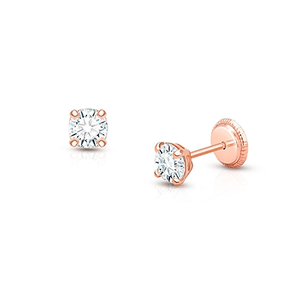 4mm CZ Round Studs, Teen's Earrings, Screw Back - 14K Rose Gold