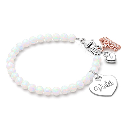 4mm Opals, Lab Created White Opal Baby/Children&#039;s Beaded Bracelet for Girls (INCLUDES Engraved Charm) - Sterling Silver