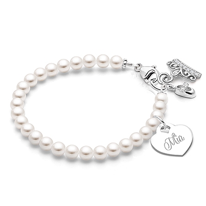 4mm Cultured Pearls, Baby/Children&#039;s Beaded Bracelet for Girls (INCLUDES Engraved Charm) - Sterling Silver