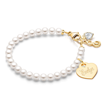 4mm Cultured Pearls, Baby/Children&#039;s Beaded Bracelet for Girls (INCLUDES Engraved Charm) - 14K Gold