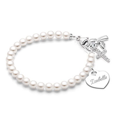 Solid Silver Pearl Bracelet with Personal Name Engraving for Girls Christening