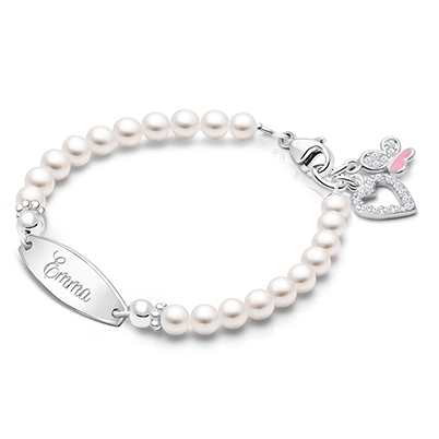 4mm Cultured Pearls, Baby/Children&#039;s Engraved Bracelet for Girls - Sterling Silver