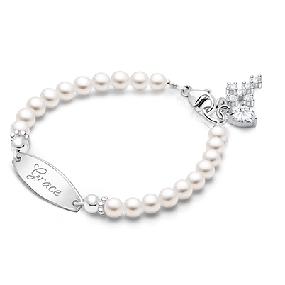 4mm Cultured Pearls, Christening/Baptism Baby/Children&#039;s Engraved Bracelet for Girls - Sterling Silver