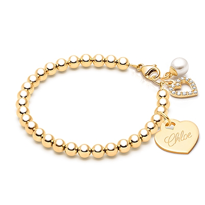 4mm Tiny Blessings Beads, Baby/Children&#039;s Beaded Bracelet for Girls (INCLUDES Engraved Charm) - 14K Gold