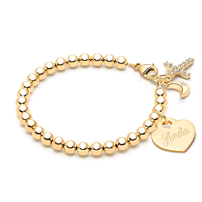 4mm Tiny Blessings Beads, Christening/Baptism Baby/Children&#039;s Beaded Bracelet (Includes Engravable Charm) - 14K Gold