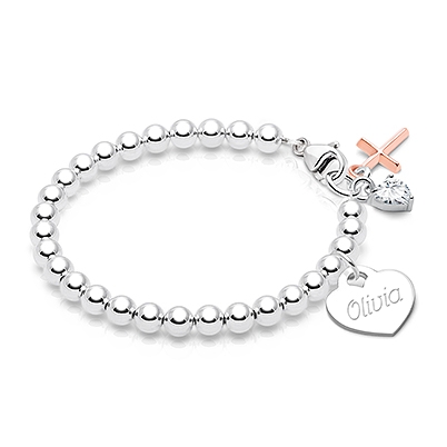 4mm Tiny Blessings Beads, First Holy Communion Beaded Bracelet for Girls (INCLUDES Engraved Charm) - Sterling Silver
