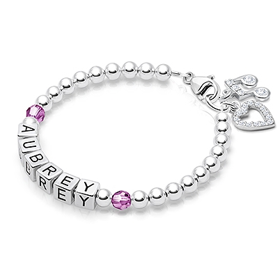 Tiny Blessings Birthstone, Baby/Children&#039;s Name Bracelet for Girls - Sterling Silver