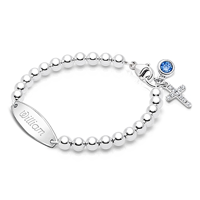 4mm Tiny Blessings Beads, Christening/Baptism Baby/Children&#039;s Engraved Bracelet for Boys - Sterling Silver